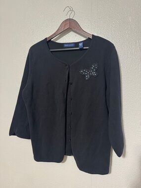 Karen Scott Black Butterfly Cardigan Beaded Sequin Applique Y2K Whimsigoth 3/4